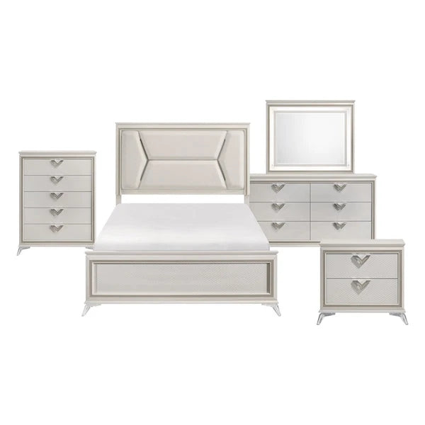 White & Gold Bedroom Set with LED Upholstered Bed – Modern Glam Audra Collection 1383
