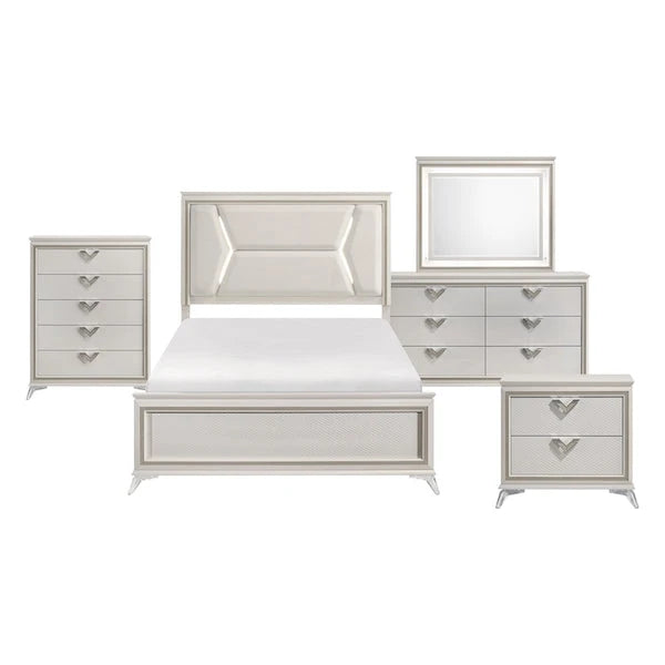 White & Gold Bedroom Set with LED Upholstered Bed – Modern Glam Audra Collection 1383