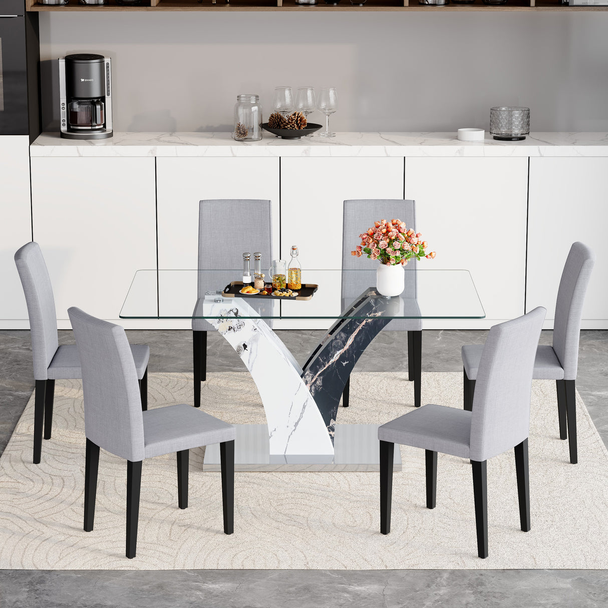 Table and chair set.Modern dining table, tempered glass countertop, and artistic MDF legs.Paried With 6 Light Gray Linen-Cotton dining chairs, simple and versatile, comfortable and accompanied.