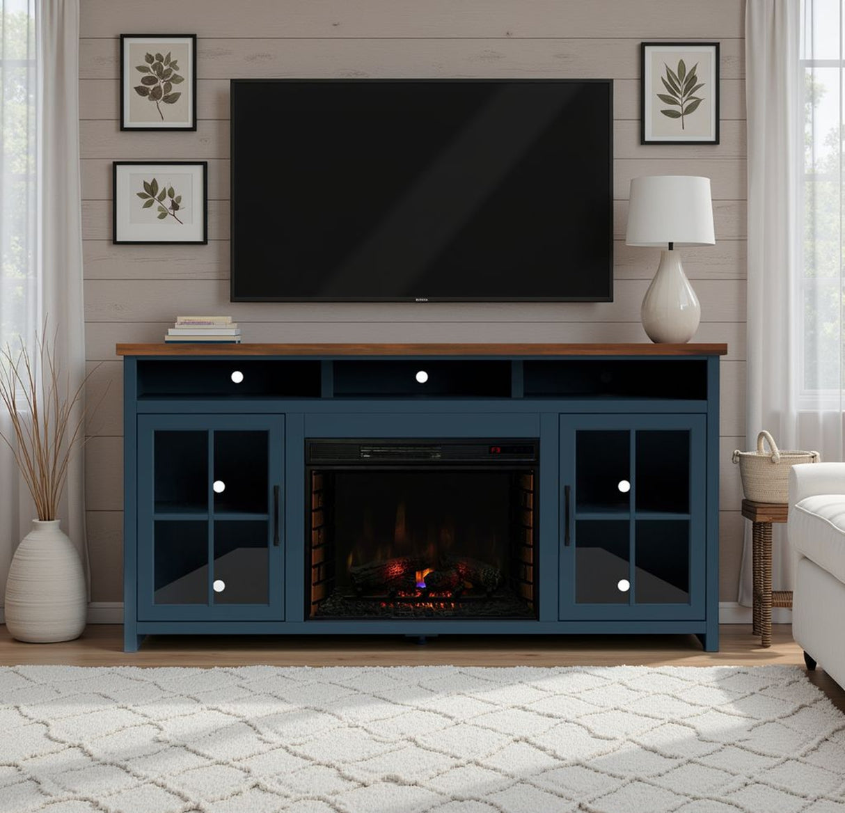 74 inch Fireplace TV Stand Console for TVs up to 85 inches, Minimal Assembly, Blue Denim and Whiskey Finish