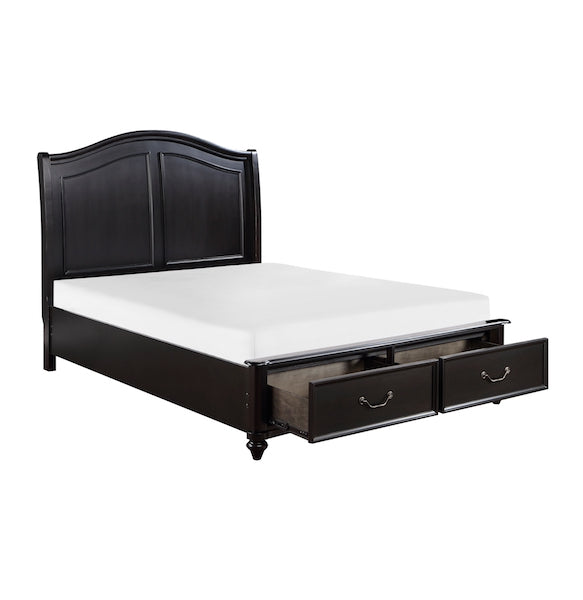 Black wooden bed with storage drawers on a white background