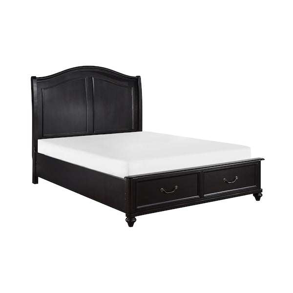 Black bed frame with white mattress on a white background