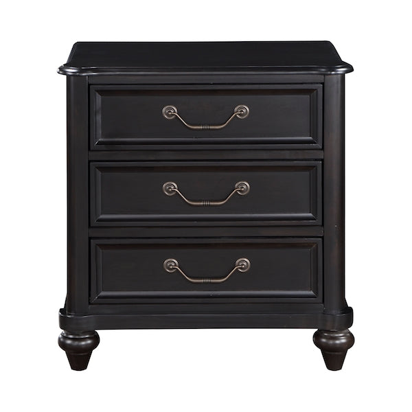 Black three-drawer nightstand with brass handles on a white background