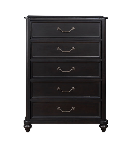 Black dresser with four drawers on a white background