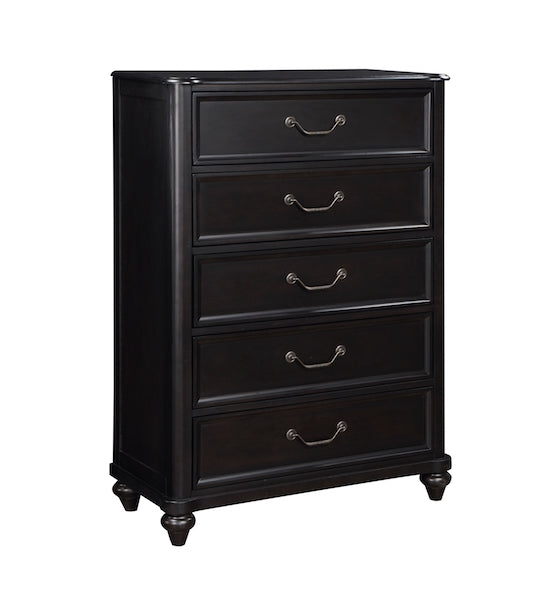 Black dresser with four drawers on a white background