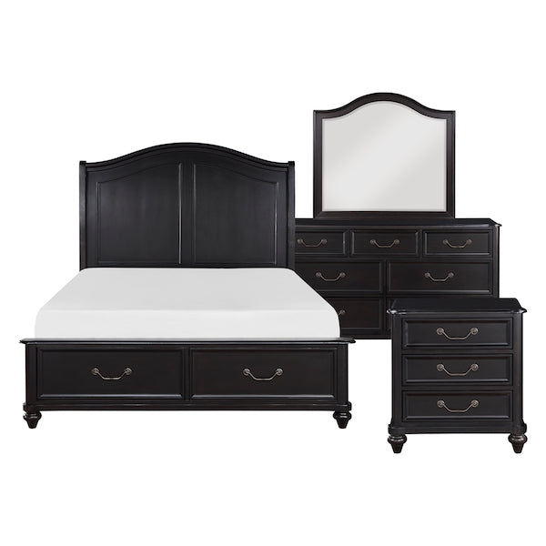 Black bedroom furniture set with bed, dresser, and mirror on a white background