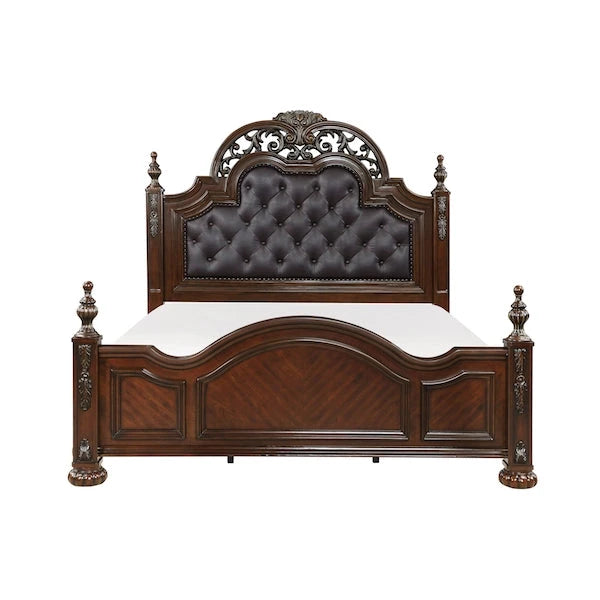 Adelina Bedroom Set in cherry finish with tufted faux-leather headboard and carved details. Includes bed, dresser, mirror, nightstand, and optional chest. Traditional design by Homelegance.