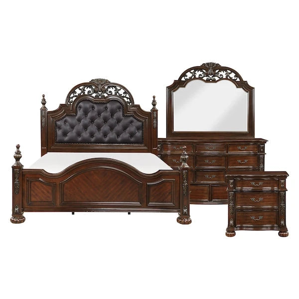 Adelina Bedroom Set in cherry finish with tufted faux-leather headboard and carved details. Includes bed, dresser, mirror, nightstand, and optional chest. Traditional design by Homelegance.