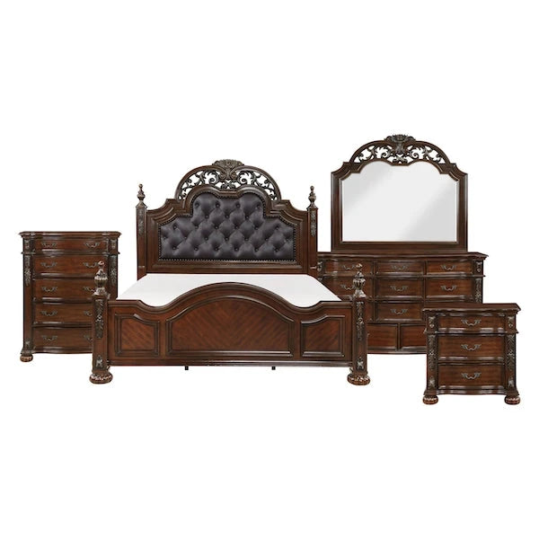 Adelina Bedroom Set in cherry finish with tufted faux-leather headboard and carved details. Includes bed, dresser, mirror, nightstand, and optional chest. Traditional design by Homelegance.