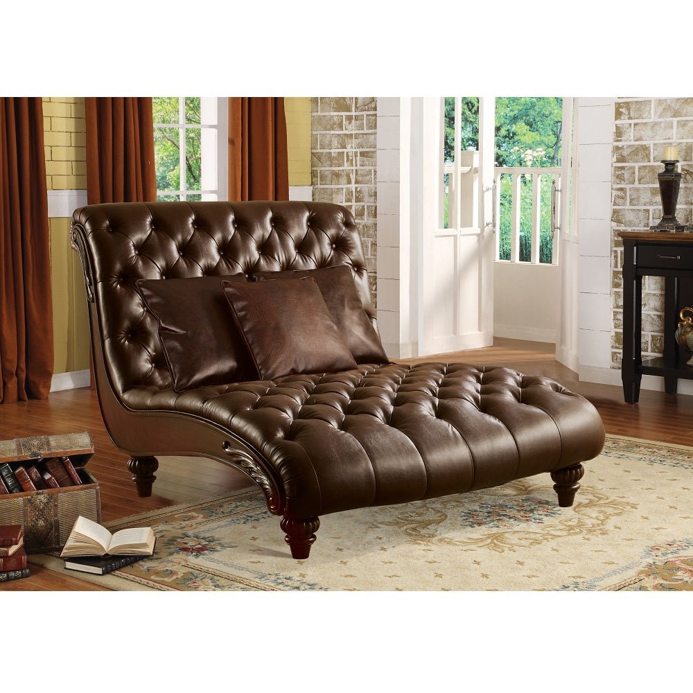Anondale Chaise W/3 Pillows 15035 Two Tone Brown Synthetic Leather & Brown Finish | Acme | Home Elegance USA