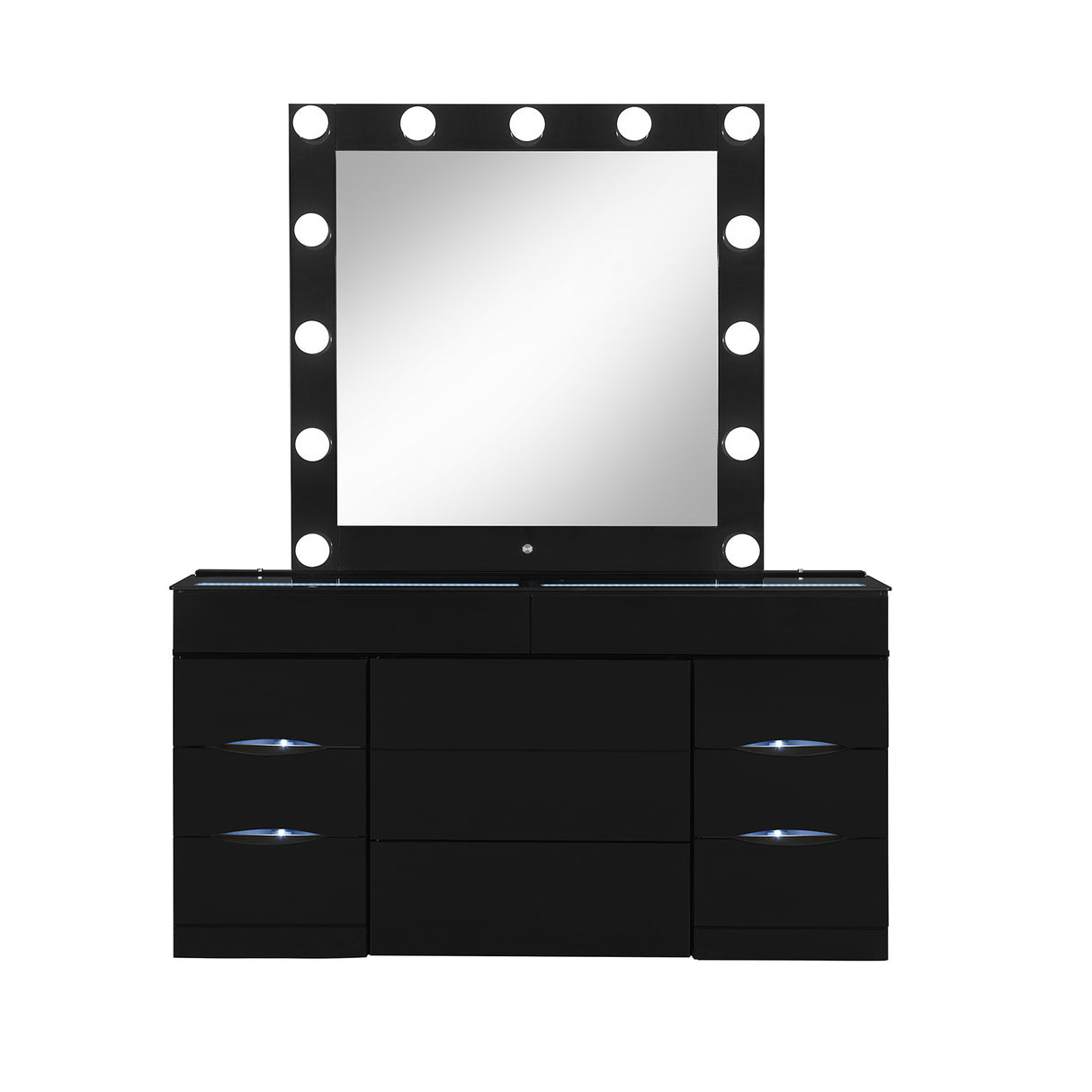 ELISABLACK Vanity Set with Stool and LED Bulbs in Black Wood Finish