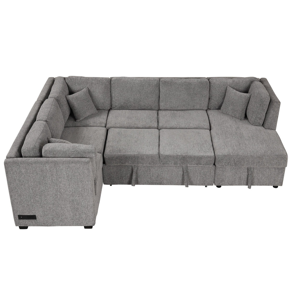 U-shaped Sectional Sofa Pull out Sofa Bed with USB Ports, Power Sockets, Storage Chaise, Light Gray Chenille, 108.6'