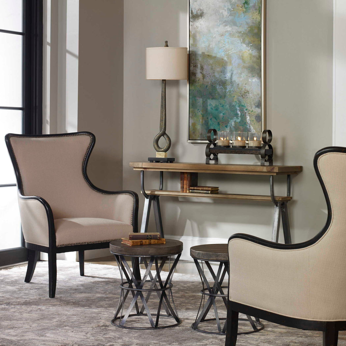 Sandy Wing Back Armchair Beige & Dark Brown - Beige / Dark Brown by Uttermost - View 3