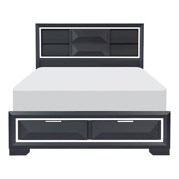 Black metal bed frame with white mattress on a white background