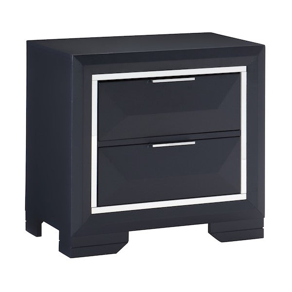 Black nightstand with two drawers on a white background
