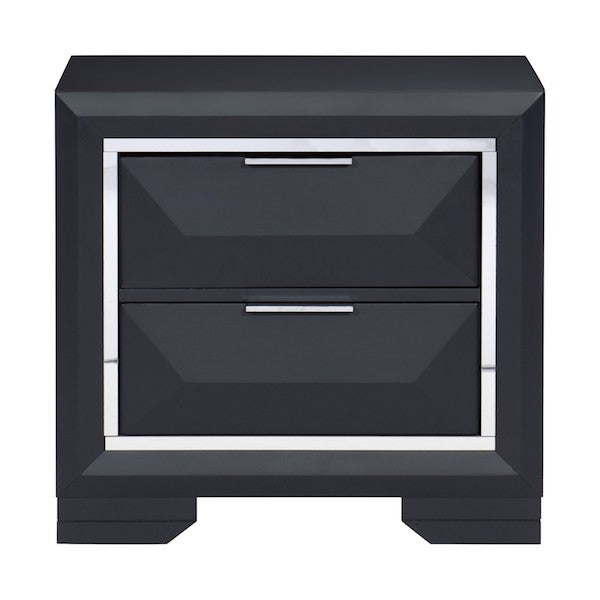 Black nightstand with two drawers on a white background
