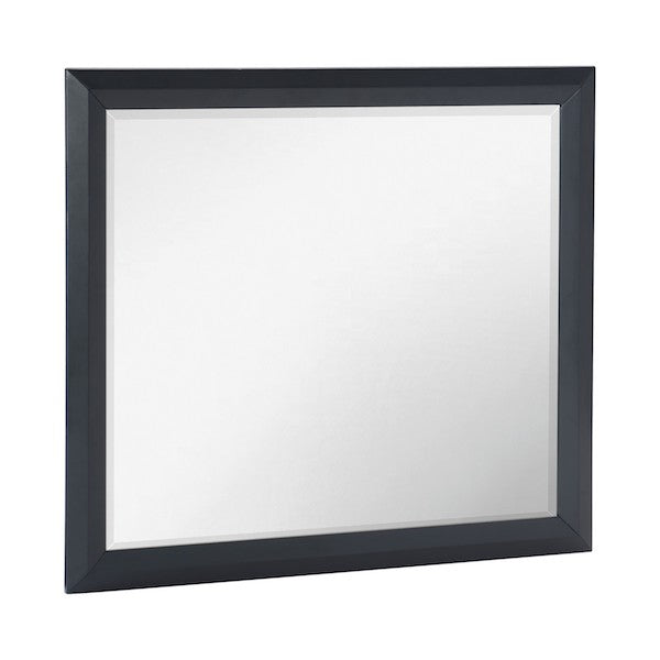 Black-framed mirror on a white background