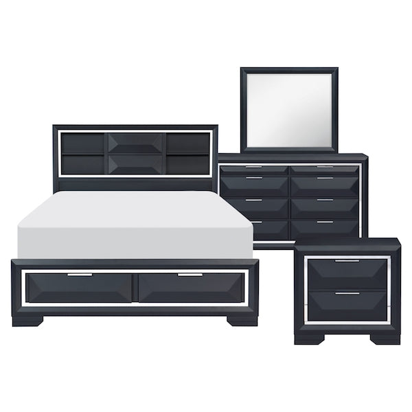 Black bedroom furniture set with bed, dresser, and mirror on a white background