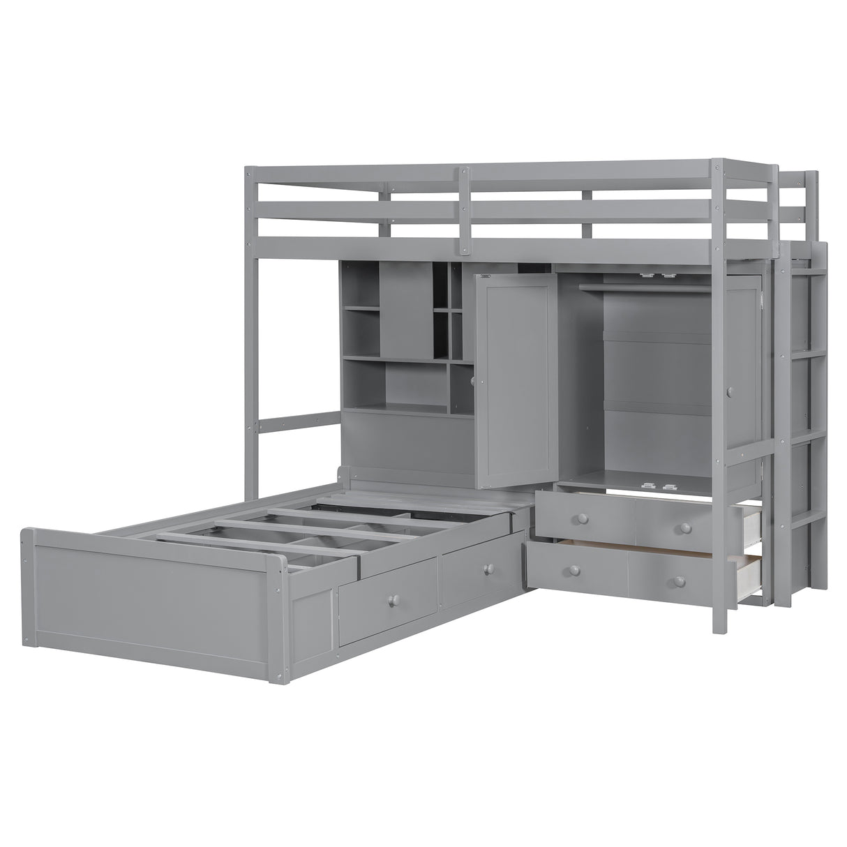 Twin Bunk Bed with Drawers, Wardrobe, Storage Shelves and Hydraulic Bed,Gray - sold by Home Elegance USA