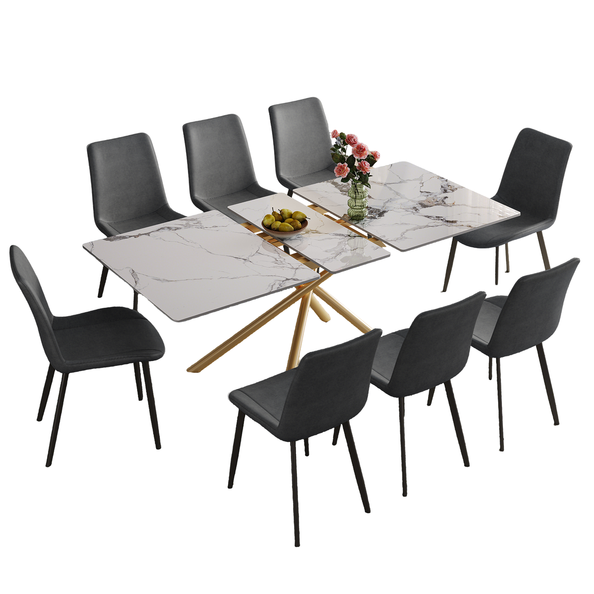 Modern 59-inch Expandable Dining Table with Retractable Leaf, Charred Stone Top & Golden Carbon Steel X-Base, 4-8 Person Set with 8 Gray PU Chairs for Small Apartments, Kitchen - sold by Home Elegance USA