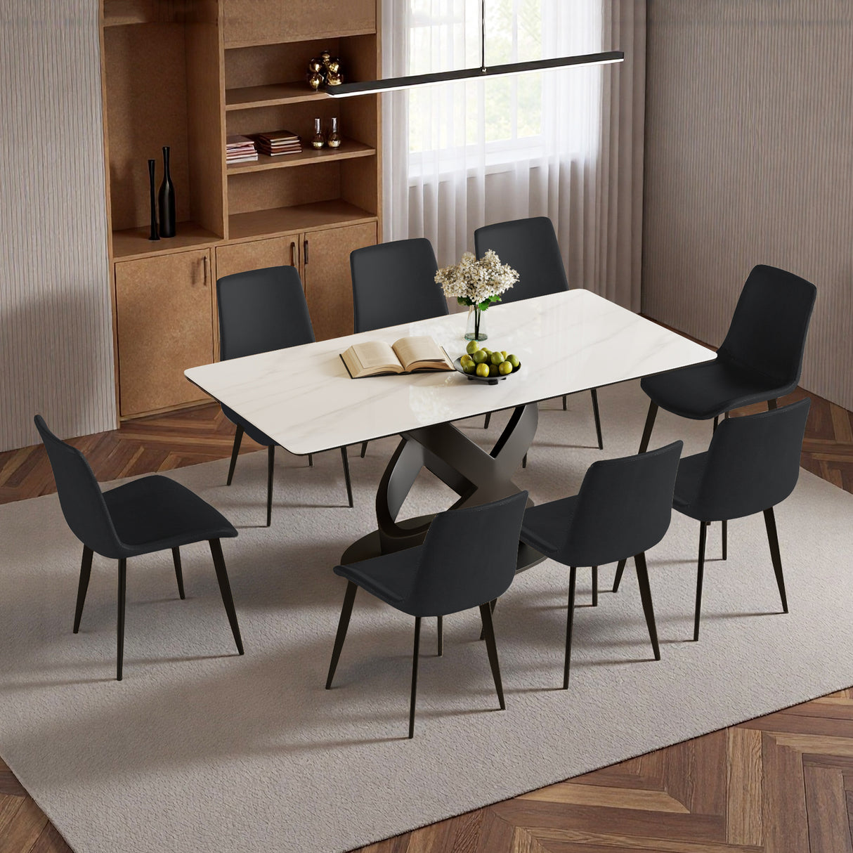 Mesa de comedor rectangular de 71 pies con tablero de piedra sinterizada y base de acero al carbono, moderna mesa de comedor blanca de lujo para cenas y fiestas (8 sillas)