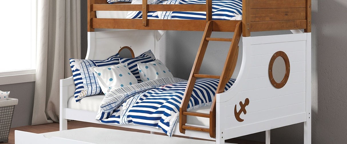 Modern Novelty Style Twin Over Full Bunk Bed With Attached Angled Ladder Rails And Lock Joint Structure For Safety Oak Finish Upper Bed White Finish Lower Bed - sold by Home Elegance USA