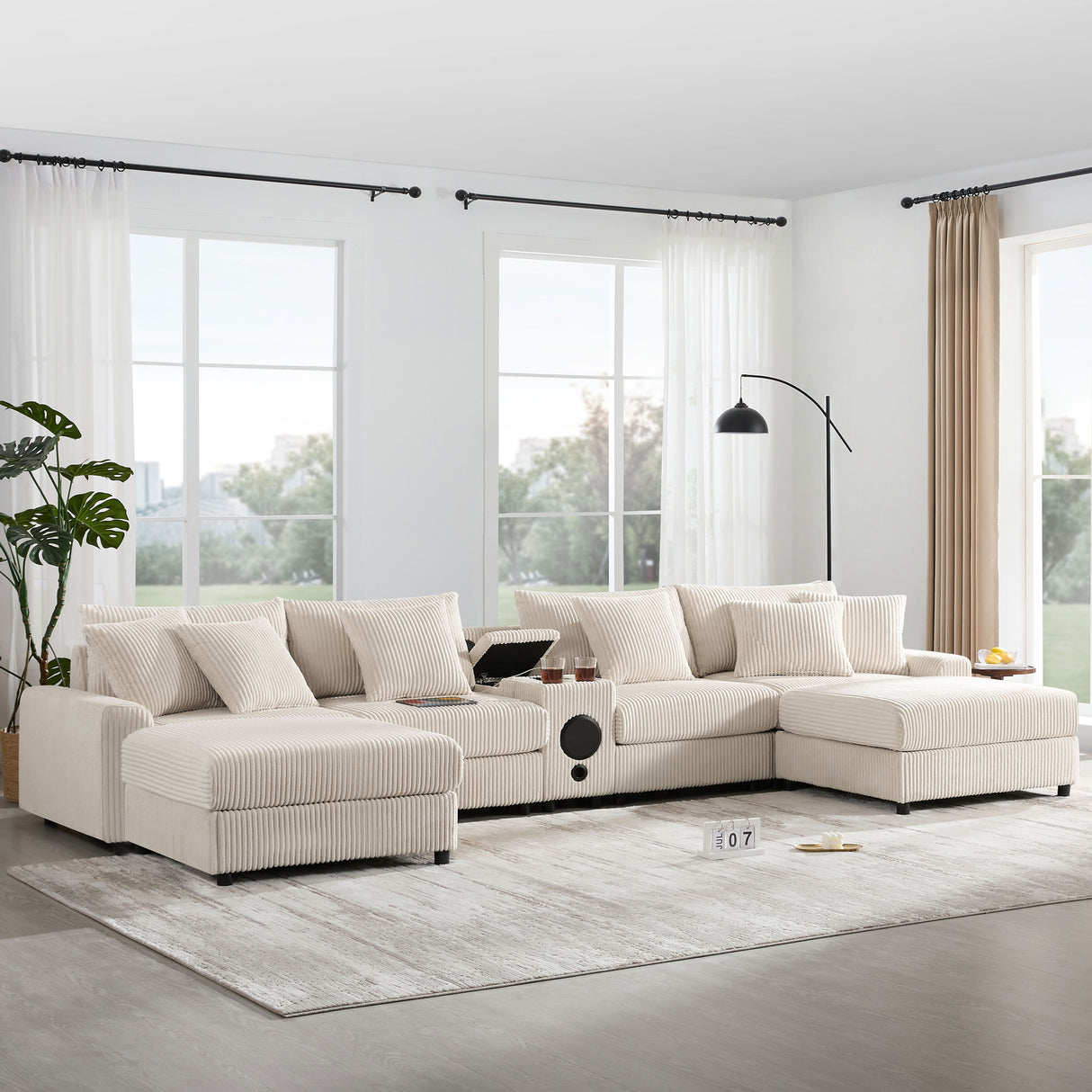 141.5*64'' Corduroy Sectional Sofa with Bluetooth Speakers, U-Shaped Couch with Console, USB Charger, Cup Holders, Storage, Ottoman, Deep and Wide Seat Cloud Sofa for Living Room&Apartment - sold by Home Elegance USA