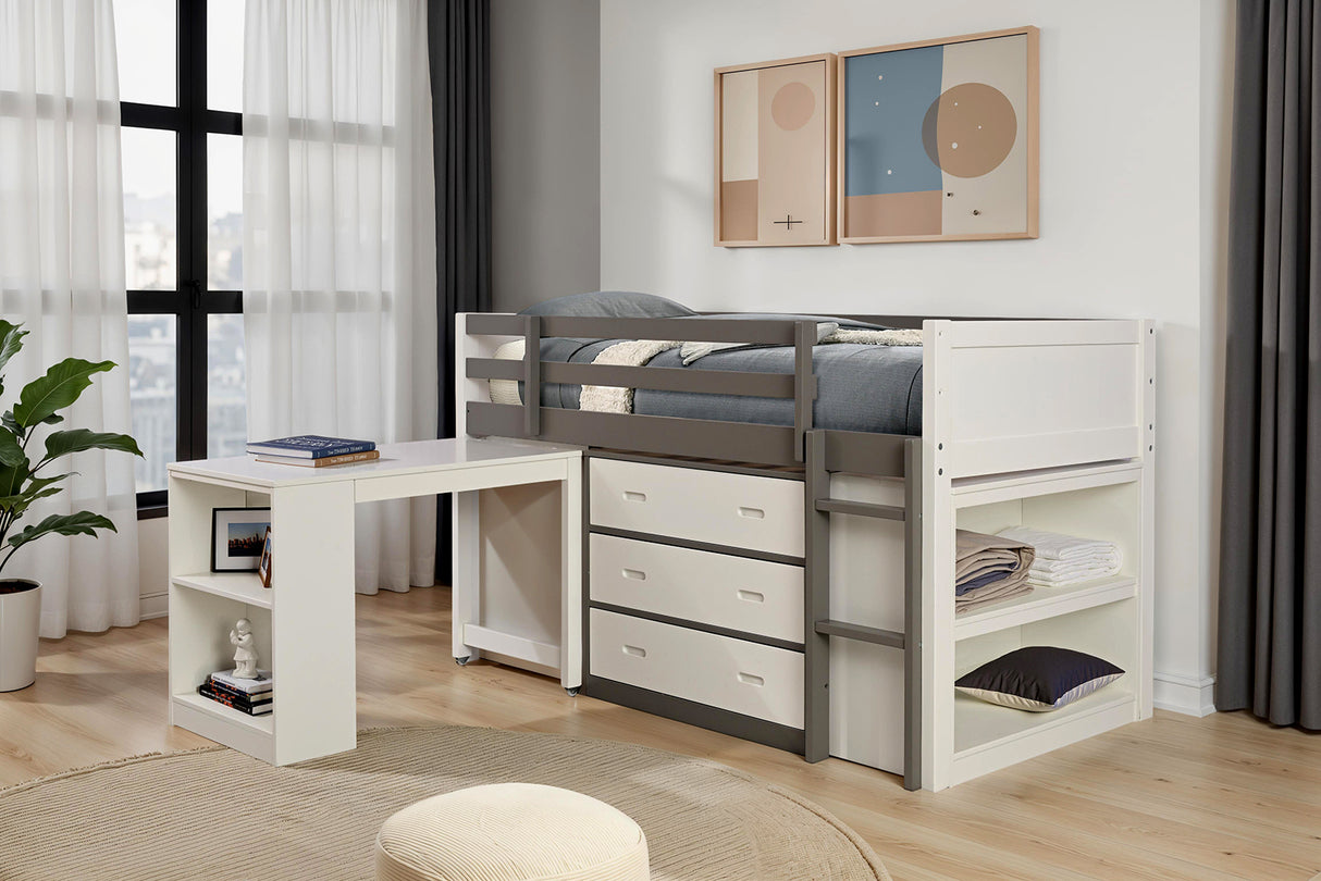 Contemporary Style Twin Bunk Bed Open Shelves Nesting Desk 3 Drawers White And Gray Finish Bedroom Furniture - sold by Home Elegance USA