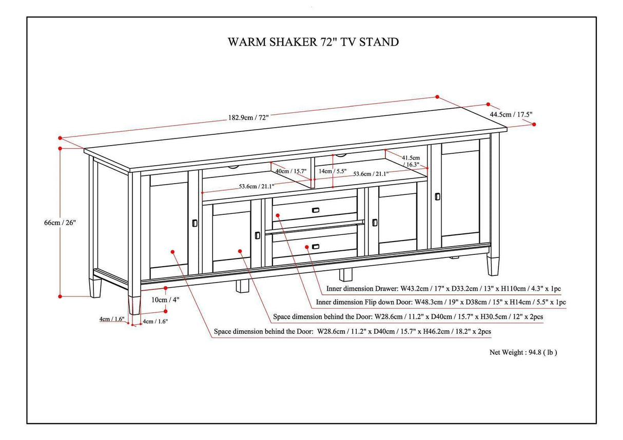 Warm Shaker 72 inch Wide Solid Wood TV Stand in Rustic Natural Aged Brown For TVs up to 80 inches - sold by Home Elegance USA