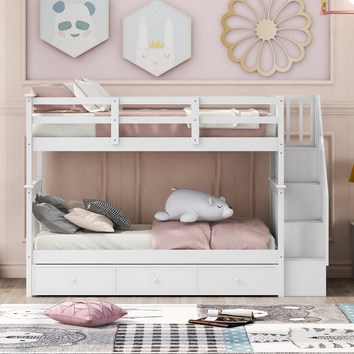 Stairway Twin-Over-Twin Bunk Bed with Three Drawers for Bedroom, Dorm - White(Old sku: LT000309AAK) - sold by Home Elegance USA