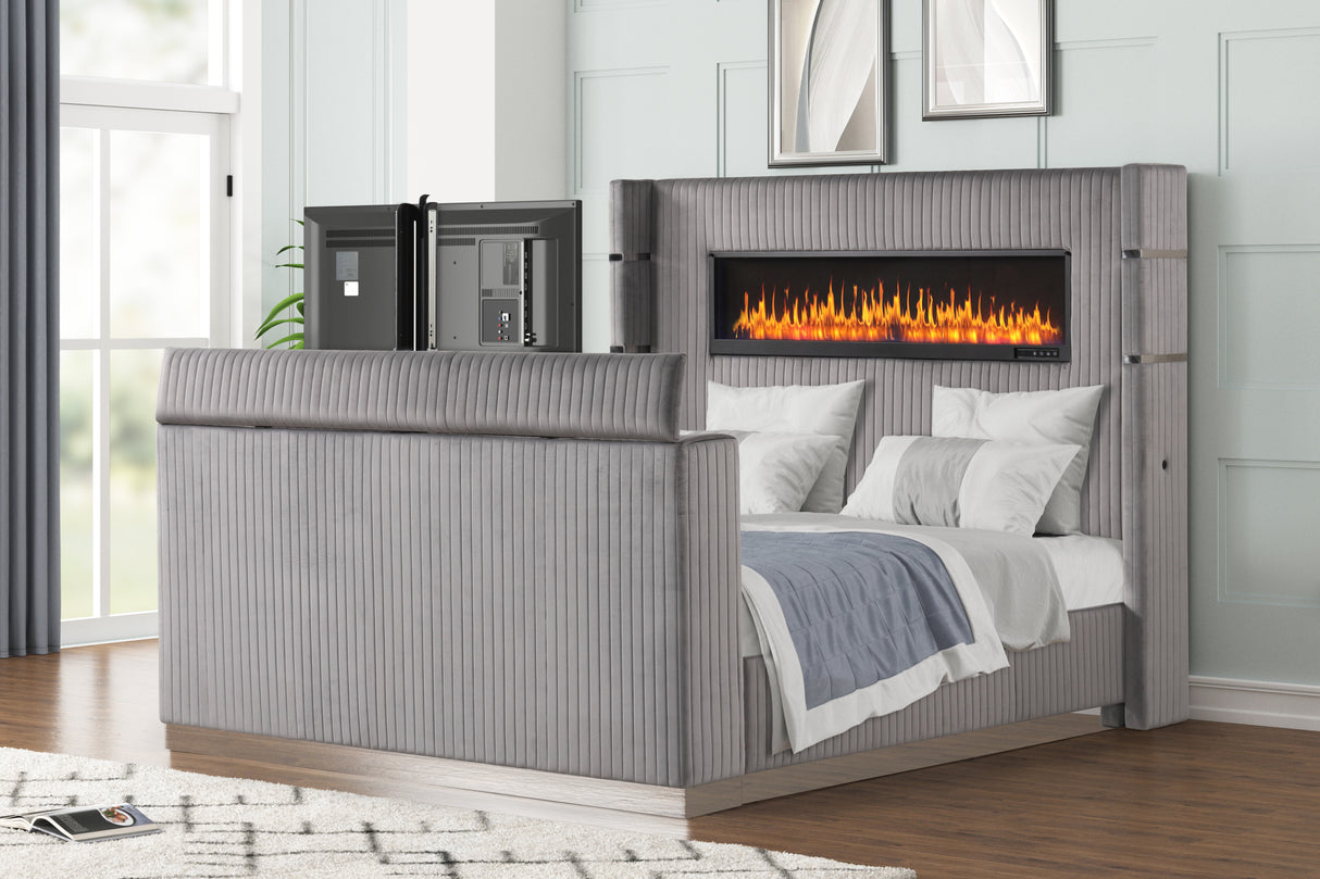 Lavish Modern Style Queen Bed Made with Fireplace in Headboard & TV stand in Footboard with Wood in Grey (CA Inventory)