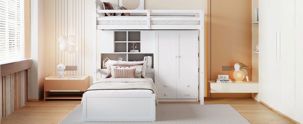 Twin Bunk Bed with Drawers, Wardrobe, Storage Shelves and Hydraulic Bed,White - sold by Home Elegance USA
