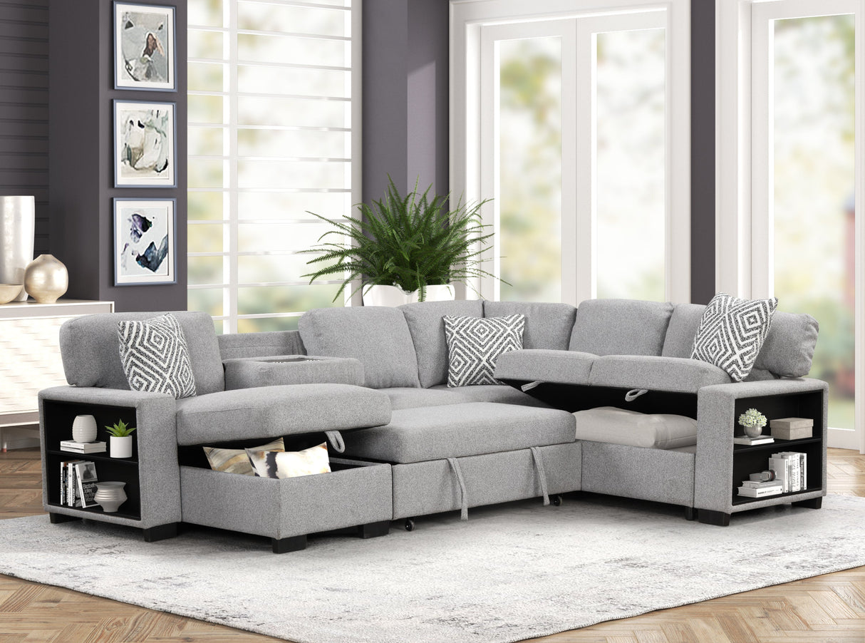 Cairo Modern Style Sectional with pullout sleeper, storage 2 Bookcase and USB made with wood and metal in Gray(B009 -NJ Inventory) - sold by Home Elegance USA