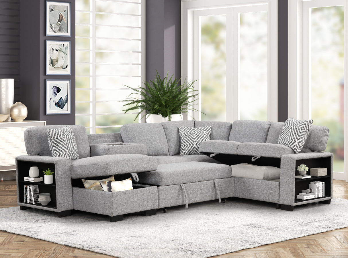 Cairo Modern Style Sectional with pullout sleeper, storage 2 Bookcase and USB made with wood and metal in Gray(G150 -CA Inventory)
