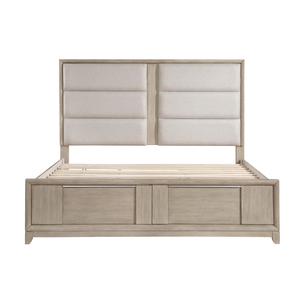 Beige wooden bed with upholstered headboard on a white background