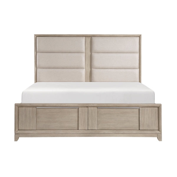 Wooden bed frame with upholstered headboard on a white background