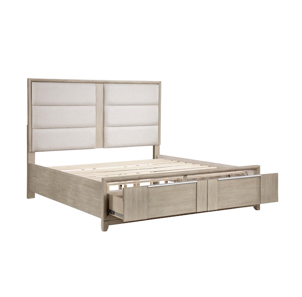 Beige bed frame with storage drawers on a white background
