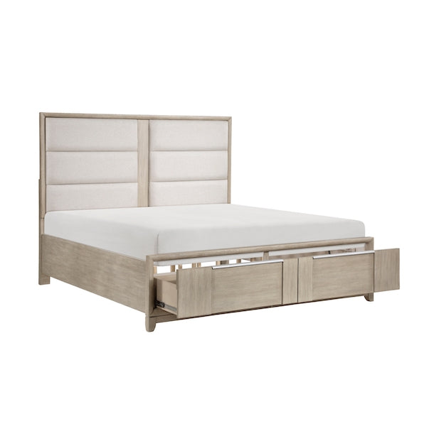 Beige bed frame with storage drawers on a white background