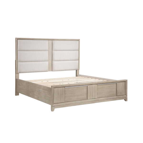Wooden bed frame with light-colored finish on a white background