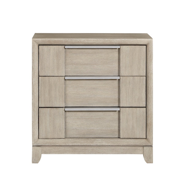 Wooden nightstand with three drawers on a white background