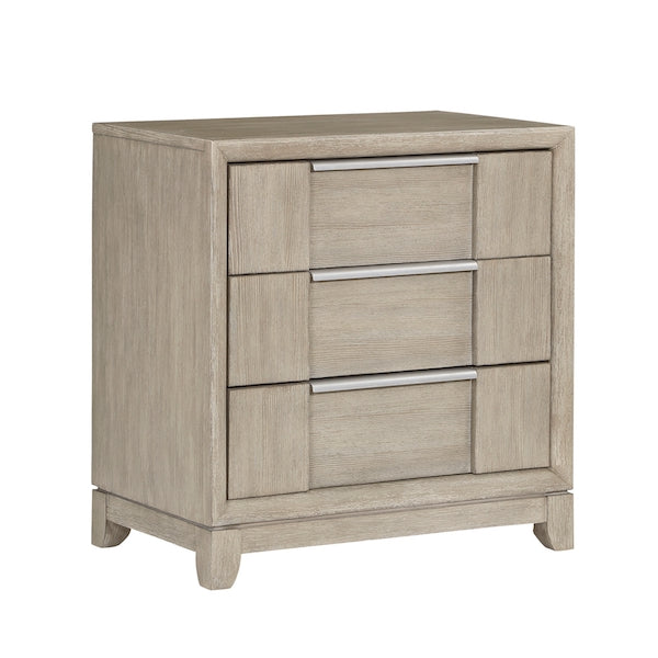 Beige dresser with three drawers on a white background