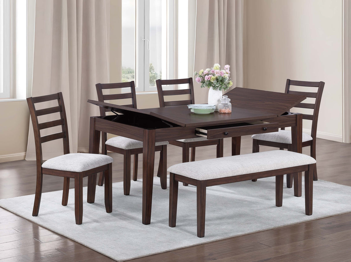 Contemporary Style 6pc Dining Set Walnut Dining Table w Storage Ladder Back 4x Side Chairs Bench Dining Room
