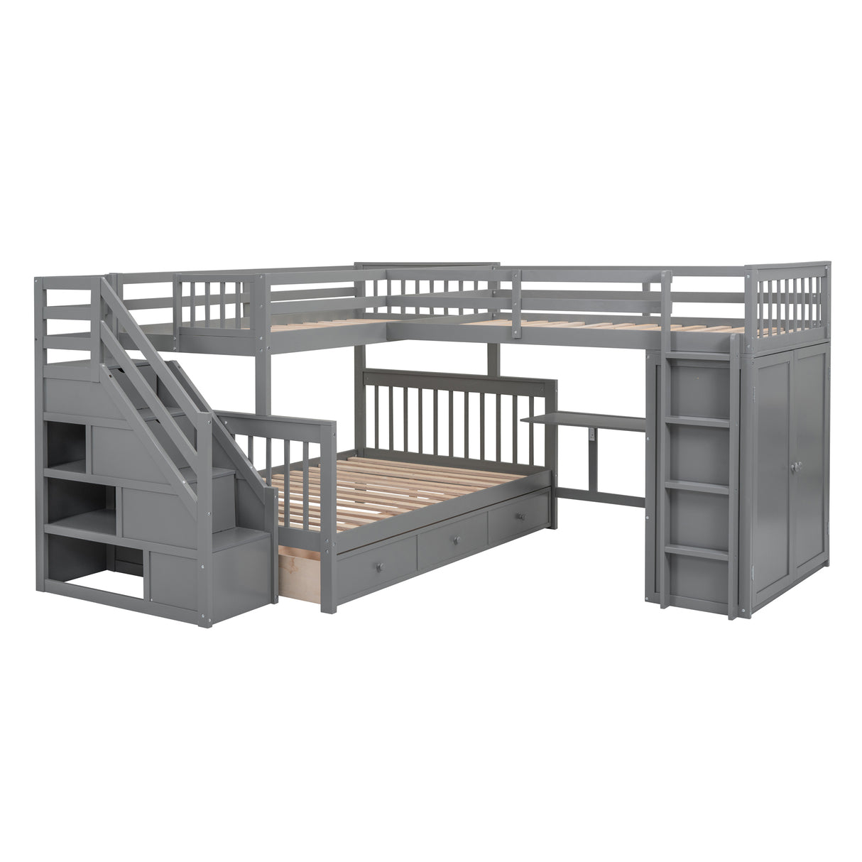 Twin-Twin over Full L-Shaped Bunk Bed With 3 Drawers, Portable Desk and Wardrobe, Gray(OLD SKU:LT100542AAE) - sold by Home Elegance USA