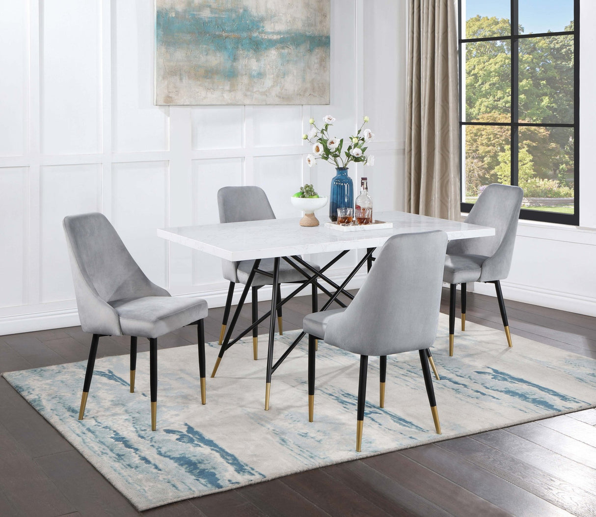 Gabrielle 5 - piece Marble Top Rectangular Dining Table Set White and Grey | Coaster | Home Elegance USA