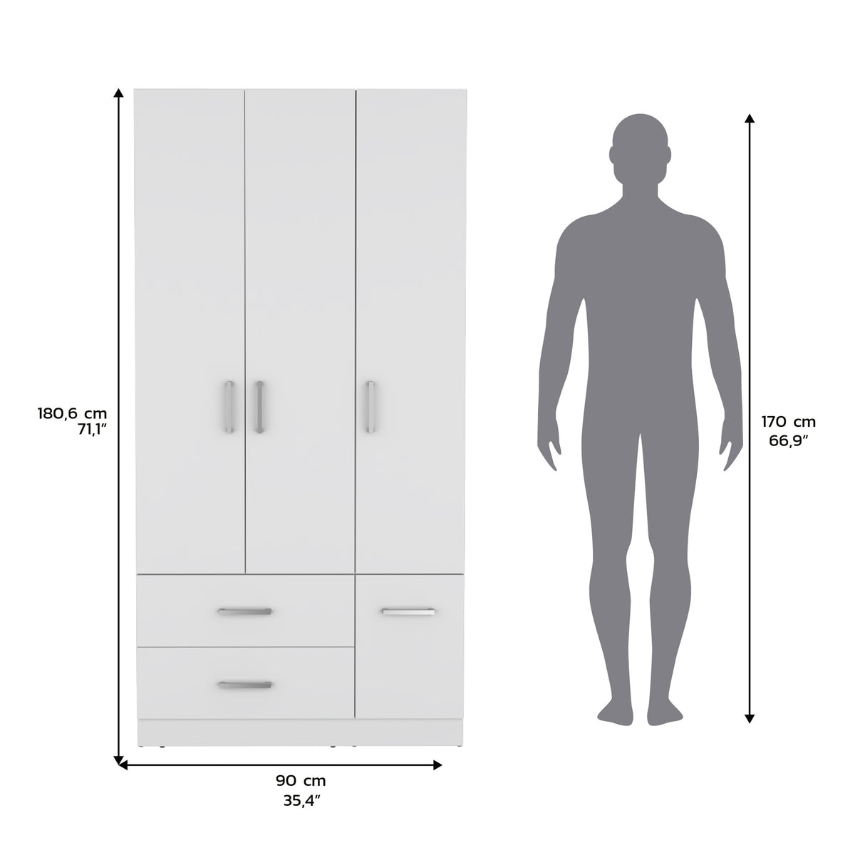 Armoire Wardrove 71', 4 Doors, Hanging Rod, 3 Cabinets, 6 Shelves, White - sold by Home Elegance USA