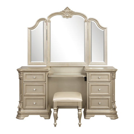 Antoinetta vanity dresser with mirror in champagne finish with carved details and four storage drawers. Luxury European traditional bedroom furniture. 66.75 x 18 x 73 inches. Includes dresser and mirror.