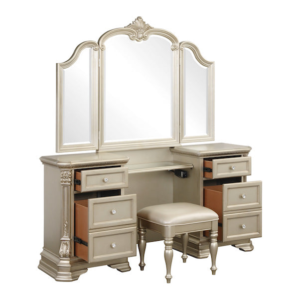 Beige vanity with mirror, drawers, and stool on a white background
