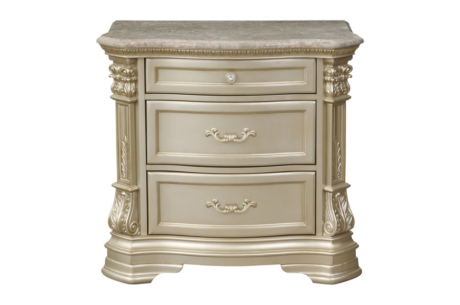 Antoinetta nightstand with three dovetail drawers, genuine marble top, and dark bronze-tone knobs, exemplifying classic craftsmanship front.