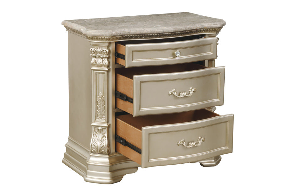 Antoinetta nightstand with three dovetail drawers, genuine marble top, and dark bronze-tone knobs, exemplifying classic craftsmanship open.