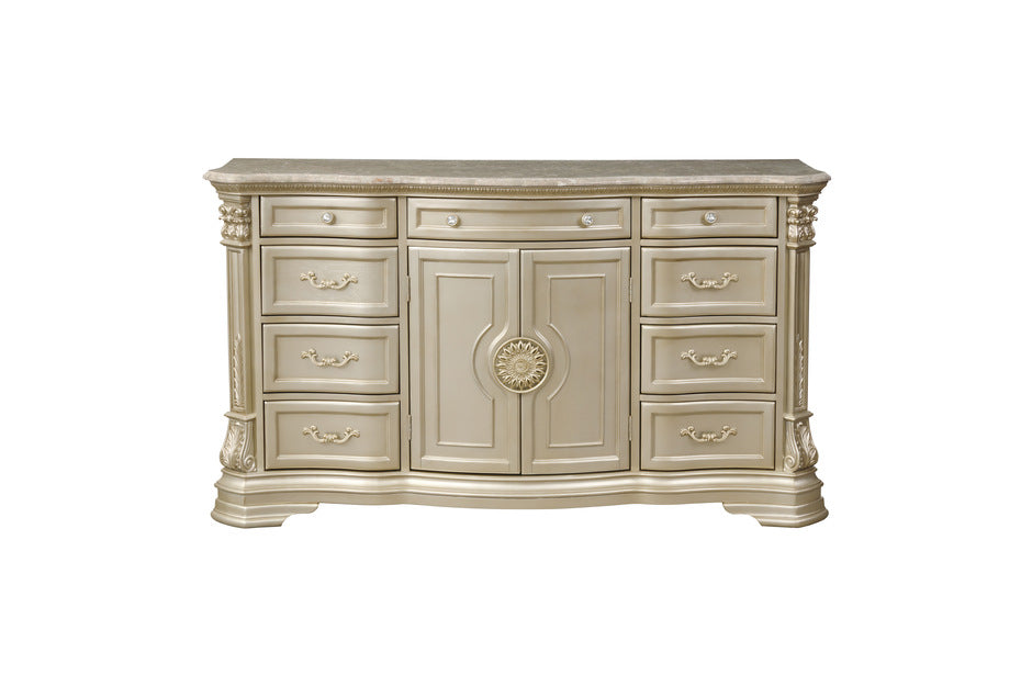 Homelegance Antoinetta dresser, featuring carved moldings, marble top, and antique-style hardware in a traditional European design.